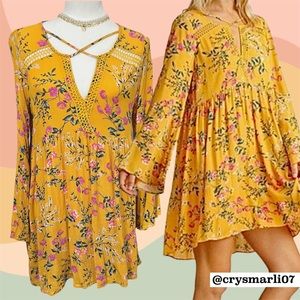 Umgee Mustard Floral Boho Dress